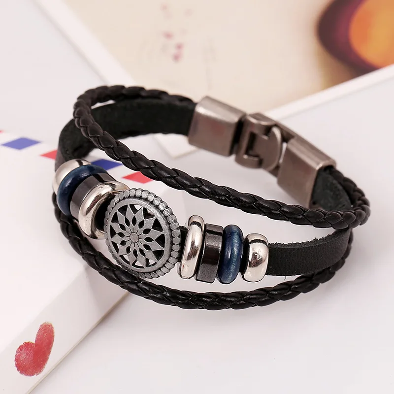 LUKENI Vintage Engraved Genuine Leather Bracelet Homme Handmade Loom Bands Paracord Bracelets &amp Bangles Women Men Jewelry SL007 |