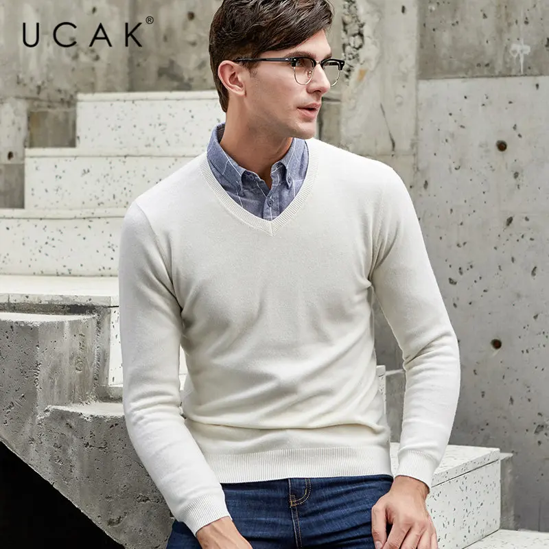 Бежевый UCAK брендовый свитер мужской классический v-образный вырез Pull Homme чистая мериносовая шерсть пуловер мужской осень зима толстый теплый кашемировый свитер U3014 - Цвет: Бежевый