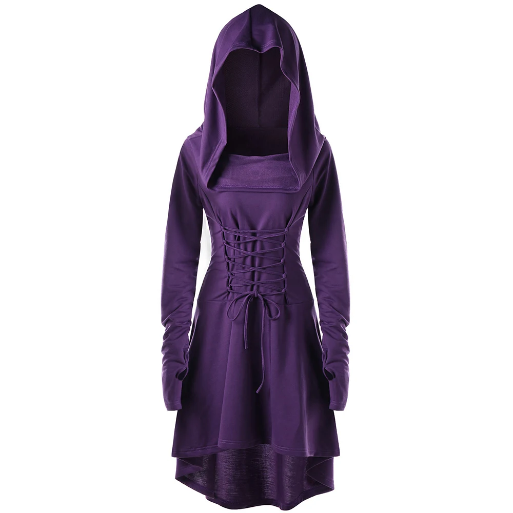 Wipalo Women Autumn Fashion Army Green Gothic Dresses Lace Up Hooded Irregular High Low Dress Bandage Back Vestidos Costume Robe|Женские