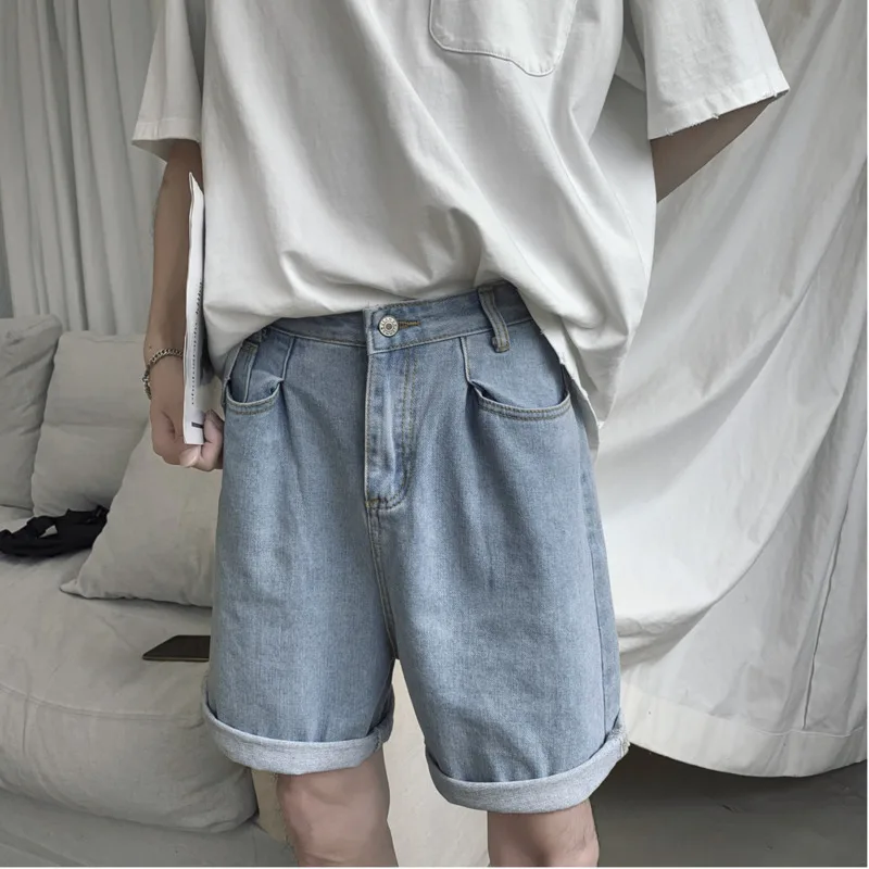 2019 Autumn New Korean Men's Simple Retro Thin Section Trend Wild Color Light Blue Denim Casual Shorts Hip Hop Streetwear | Мужская