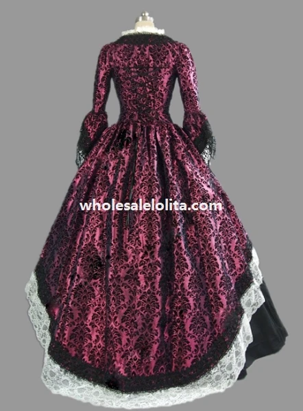 

18th Century Purplish Red Brocade and Black Cotton Marie Antoinette Period Dress Ball Gown