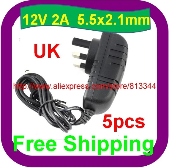 5 pcs Free Shipping UK 3 Pin AC 100V-240V Adapter DC 12V 2A LED Light Power Supply Charger