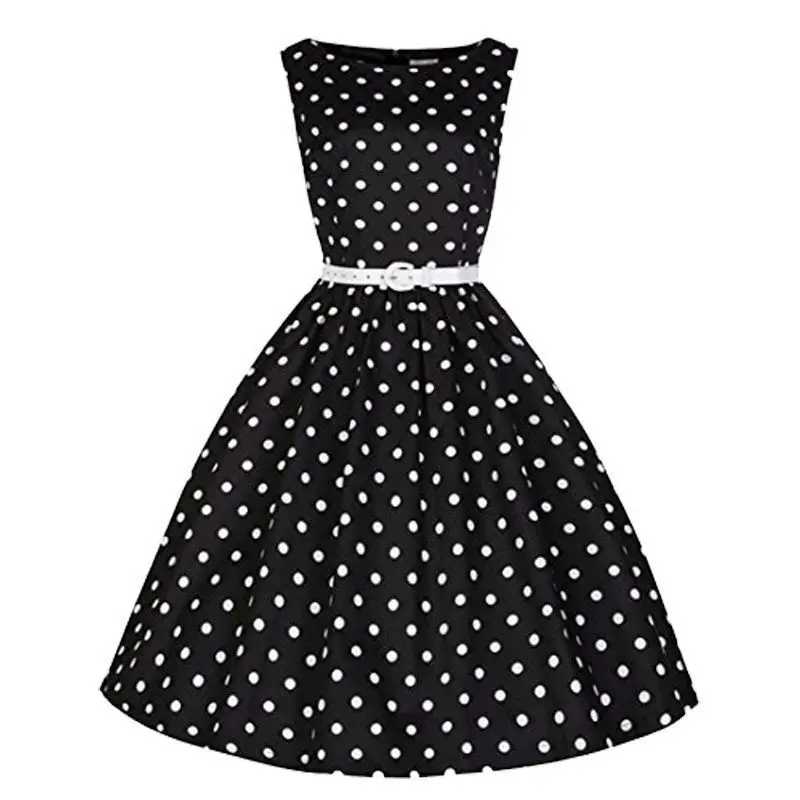 

Summer Women Ladies Polka Dot Vintage Sleeveless Casual Evening Party Swing Dress Knee-Length Dress