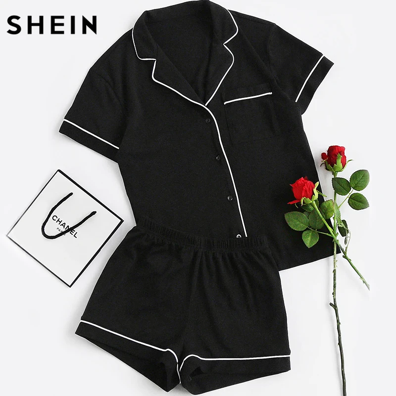 SHEIN контрастная окантовка карман спереди пижамный комплект черный короткий рукав топ с отворотом с эластичной талией шорты женские комплекты из двух предметов