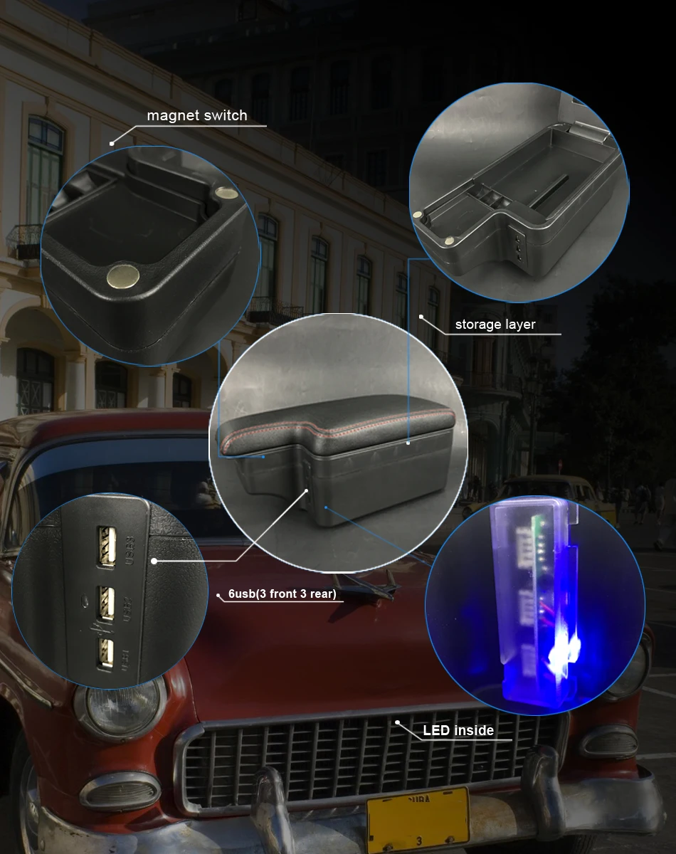 Для KIA K2 RIO 6USB светодиодный двухслойный ящик для хранения подлокотник центральный