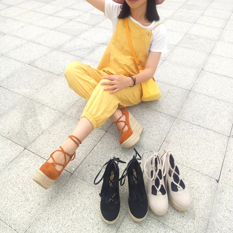 

Flock Women Pump Ankle Strap Spring Autumn Shoes Wedges Heels Lady Shoes High Heels 12CM Lace Up Elegan Girl Dress Shoes Pumps