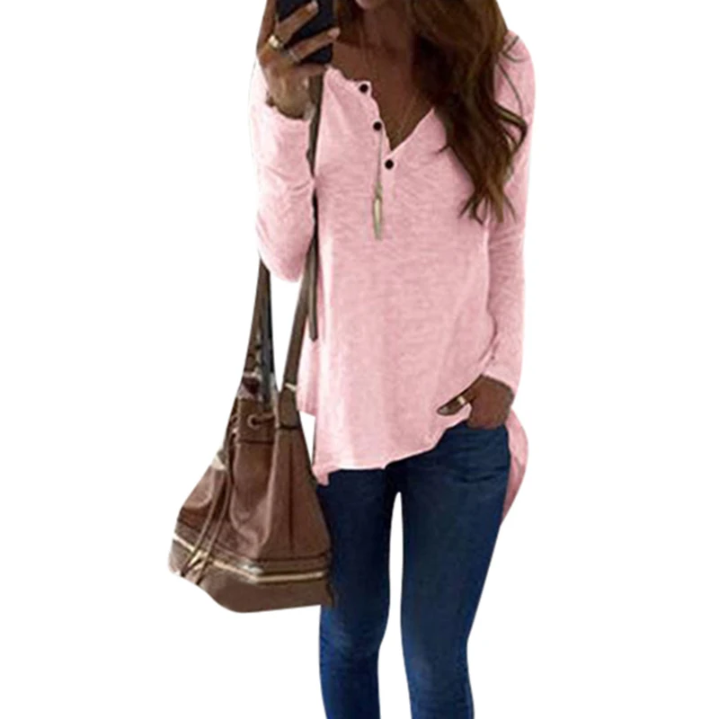

New Womens Long Sleeve Irregular T-shirt Ladies V Neck Button Casual Blouse Tops