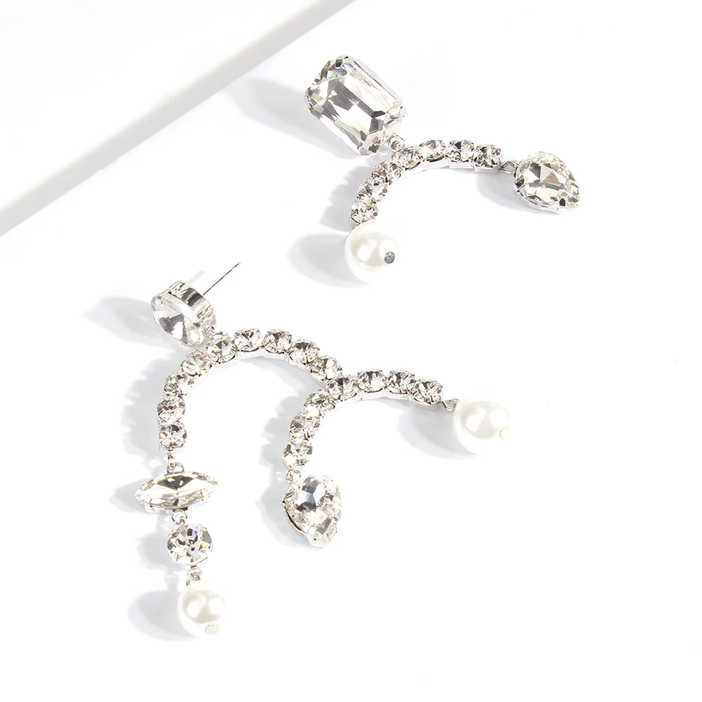 Banny Pink Asymmetric Crystal Geometric Stud Earrings For Women Party Rhinestone Imitation Pearl Statement Post Brincos | Украшения и