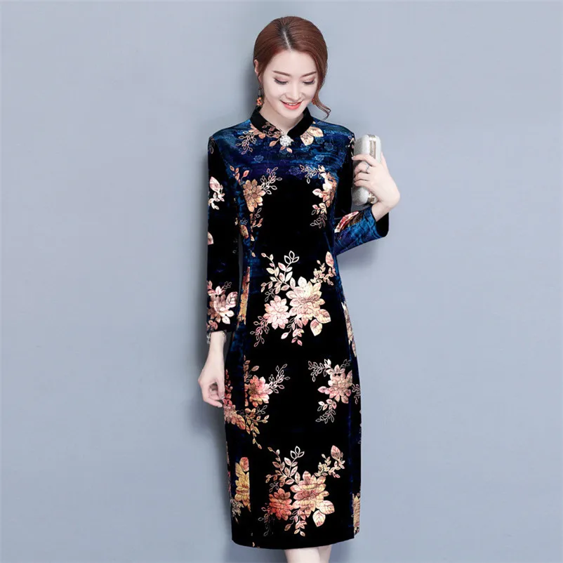 Blue Navy Classic Vintage Traditional Chinese Style Elegant Cheongsam Dress Charming Long Sleeve Mid-Calf Evening Qipao Dresses |