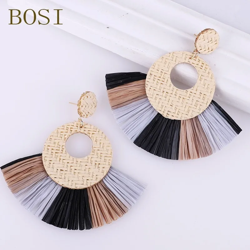 Серьги из ротанга ручной работы с кисточками для женщин богемные круглые висячие