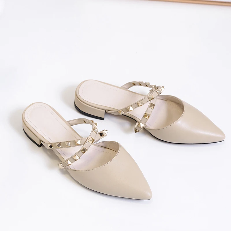 Kmeioo Fashion Rivets Sandals Woman Pointed Toe Square Heels Cross-Tie Low Heel Mule Slides Women Classic Dress Mules Beige | Обувь