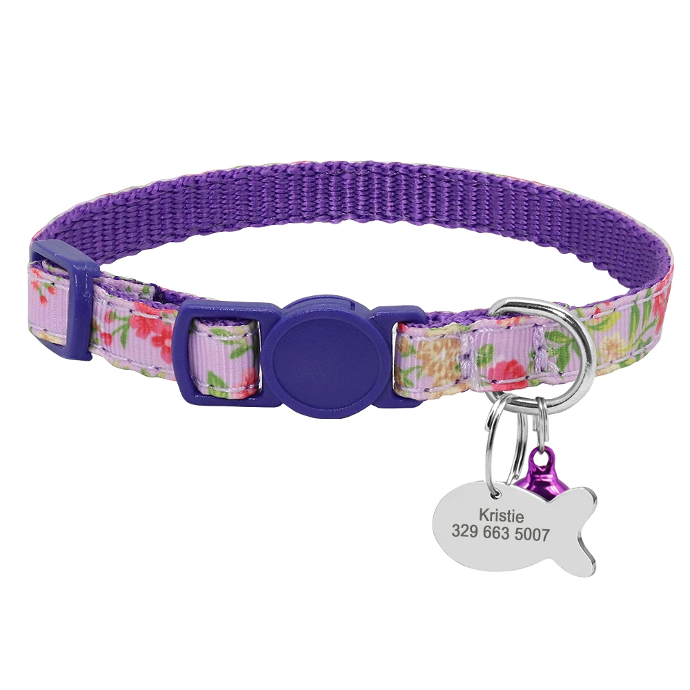Фиолетовый Personalized Cat ID Tag Collar Quick Release Pet Puppy Kitten Collars With Bell Safety Adjustable For Small Dogs Cats Pets Pink - Цвет: Фиолетовый