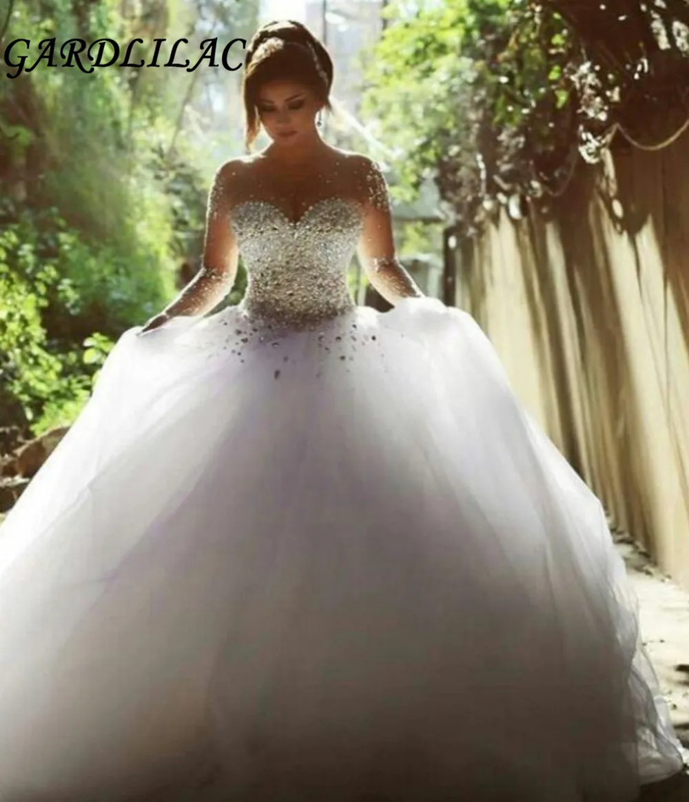

Beading Long Sleeve White Ball Gown Wedding Dress 2019 bohoTulle Plus Size Bridal Gowns Vestido Novia