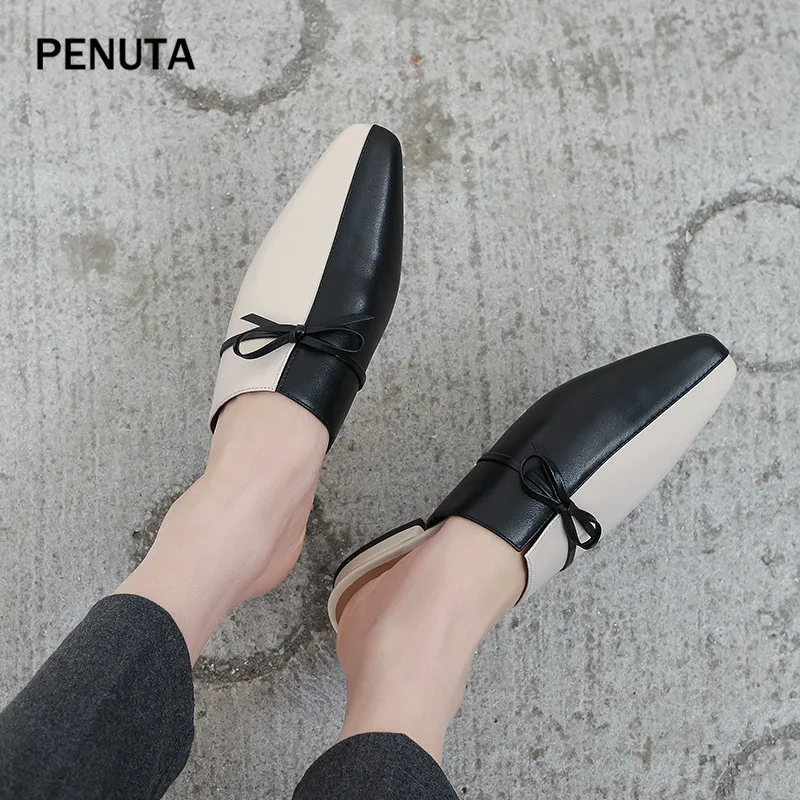PENUTA/; женские мягкие тапочки из натуральной кожи; Новое поступление; модные женские шлепанцы с квадратным носком и бантом; Корейская обувь; PT916