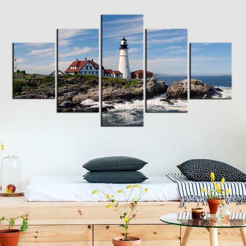 

5 Panels Large Lighthouse Picture Frame Modern Canvas Art Prints Seascape Portland Lighthouse Painting on Canvas Wall Art