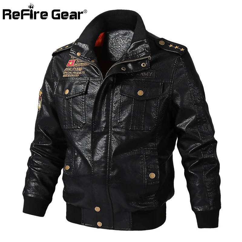 

ReFire Gear Military Bomber PU Leather Jacket Men Autumn Faux Leather Motorcycle Biker Jacket Tactical Vintage Casual Pilot Coat