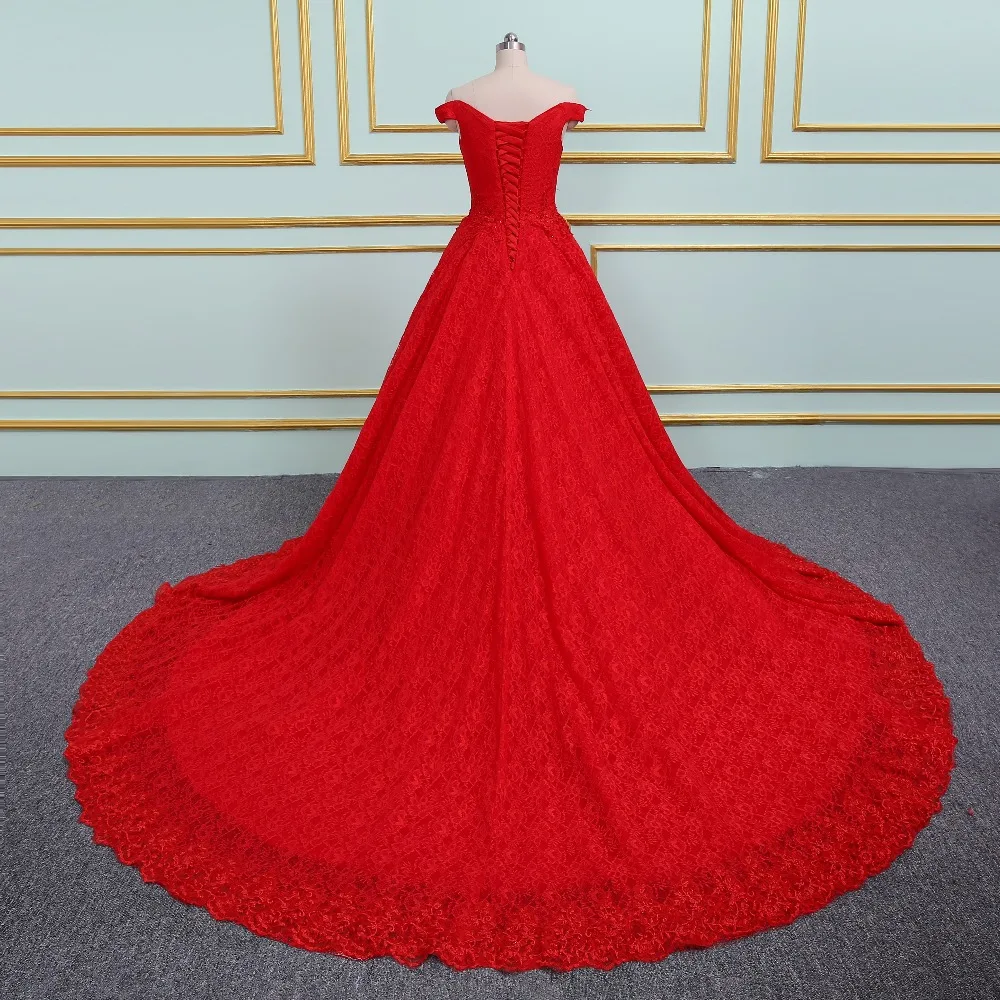 Vestidos De Novias с открытыми плечами красное кружевное платье аппликацией милое
