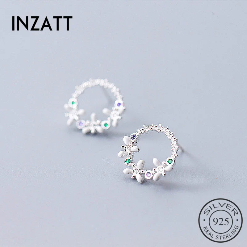 INZATT, богемные серьги-гвоздики с кристаллами, цирконием, цветами, элегантные романтические серьги для женщин, розовое золото, цвет серебряный, 925, модное ювелирное изделие, подарок