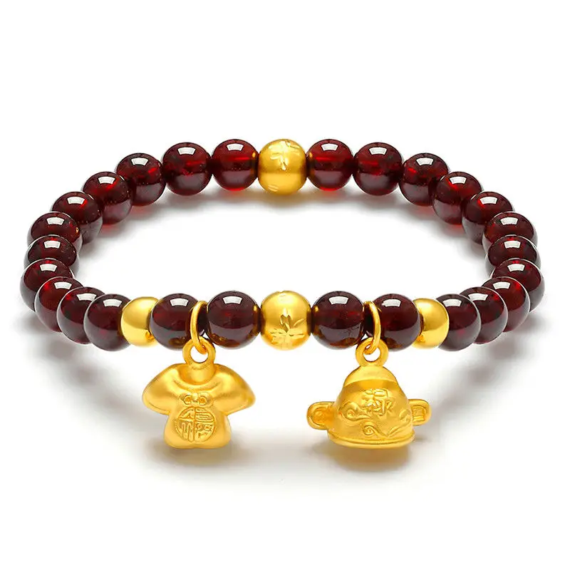 

New Real 999 Yellow Gold 3D Luck Shirt Charm Garnet Beads Link Bracelet