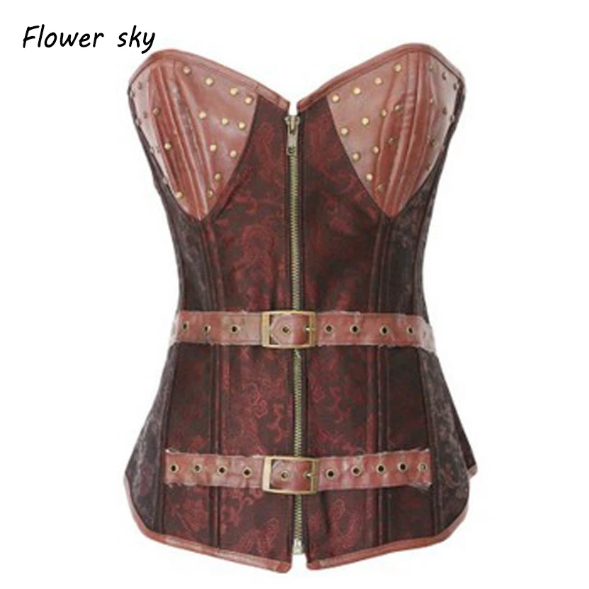 

Женский корсет-бюстье из искусственной кожи, коричневого цвета, стальной корсет бюстье в стиле стимпанк, размера плюс