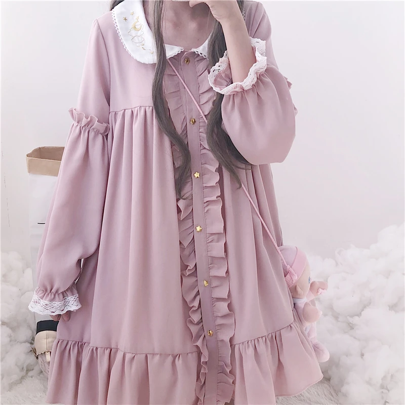 Женская одежда Kawaii японский стиль Вышивка Питер Пэн длинные кружевные