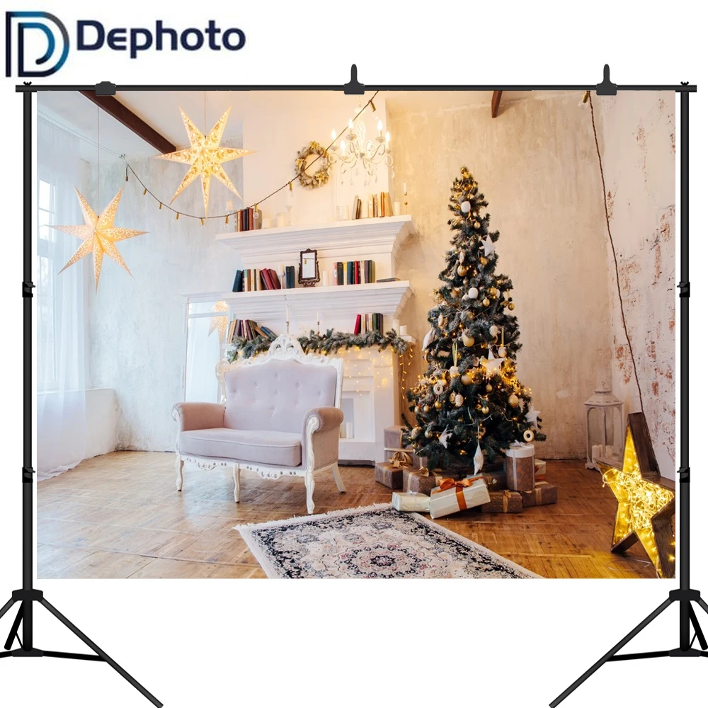 Dephoto Рождество золотые звезды диван каминный ковер элегантный фон для фотосъемки