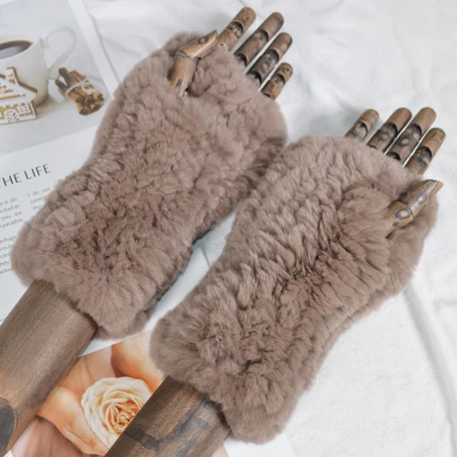 dark khaki Женские модные вязаные теплые Настоящий мех кролика перчатки зимние женские варежки из кроличьего меха натуральный мягкий Настоящий мех кролика перчатки - Цвет: dark khaki