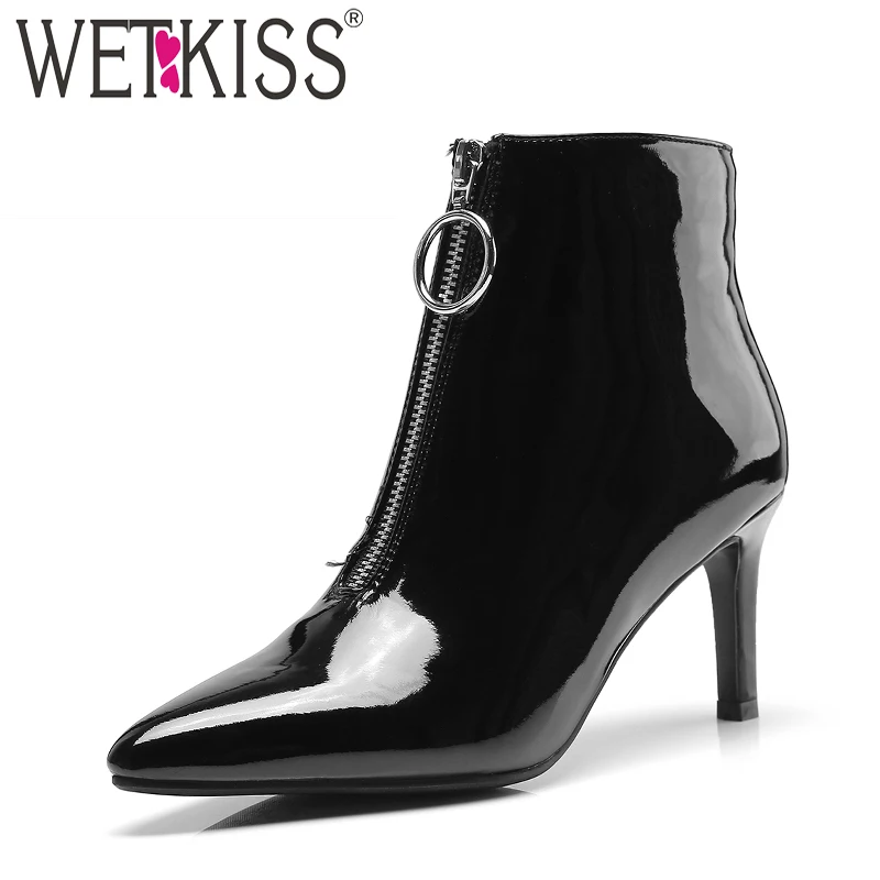 Женские лакированные ботильоны из ПУ кожи на молнии с острым носком|Женские