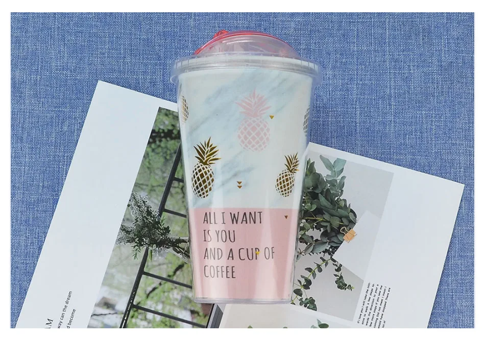 Creative Mugs Plastic Water Bottle Pink Pineapple Pattern Straw Travel Pop Up Portable Tea Milk Cup Drinkware Gifts 420ML