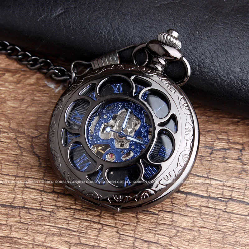 Retro Black Flower Hollow Mechanical Pocket Watch For Mens Steel Steampunk Unique Womens Mens FOB Chain Pocket Watches Gifts Box