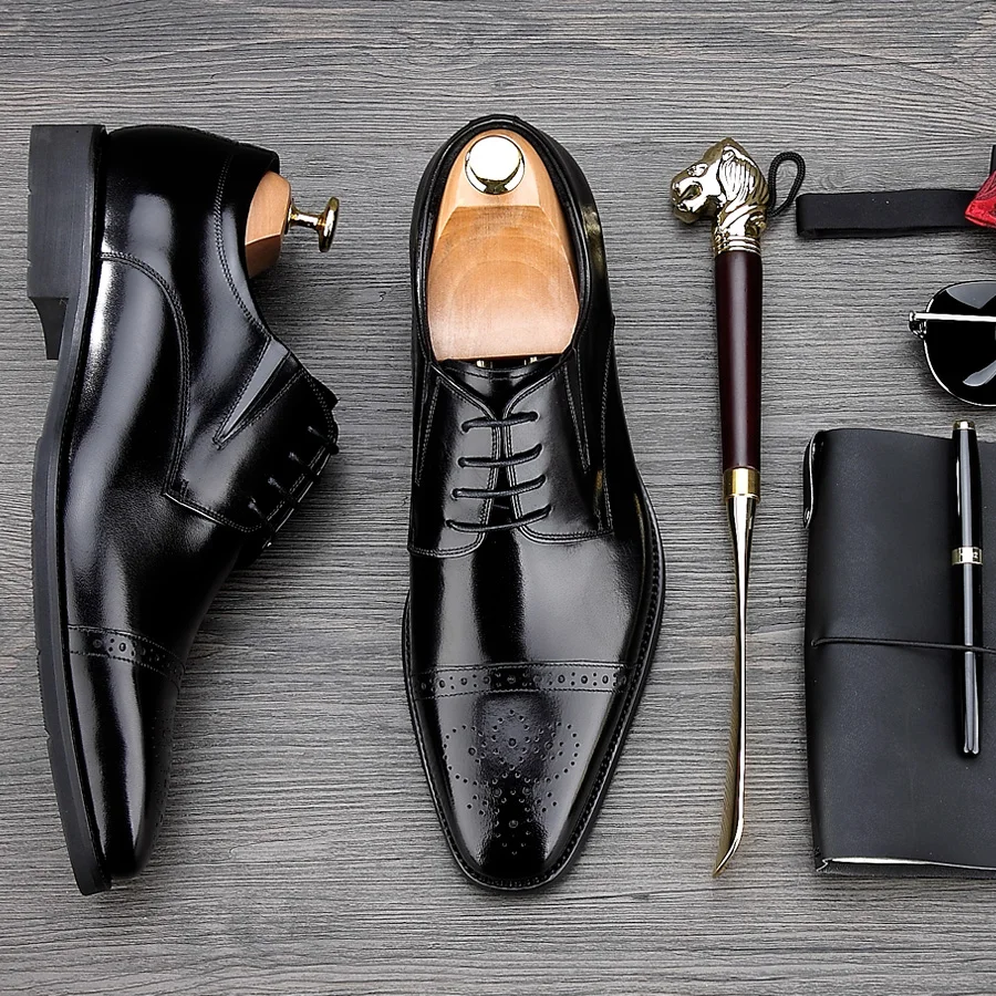 MYCORON Men Boots CasualGenuine Leather Black Brown Luxury Brand Formal Dress Wedding Business Brogues Shoes Herren Schuhe | Обувь