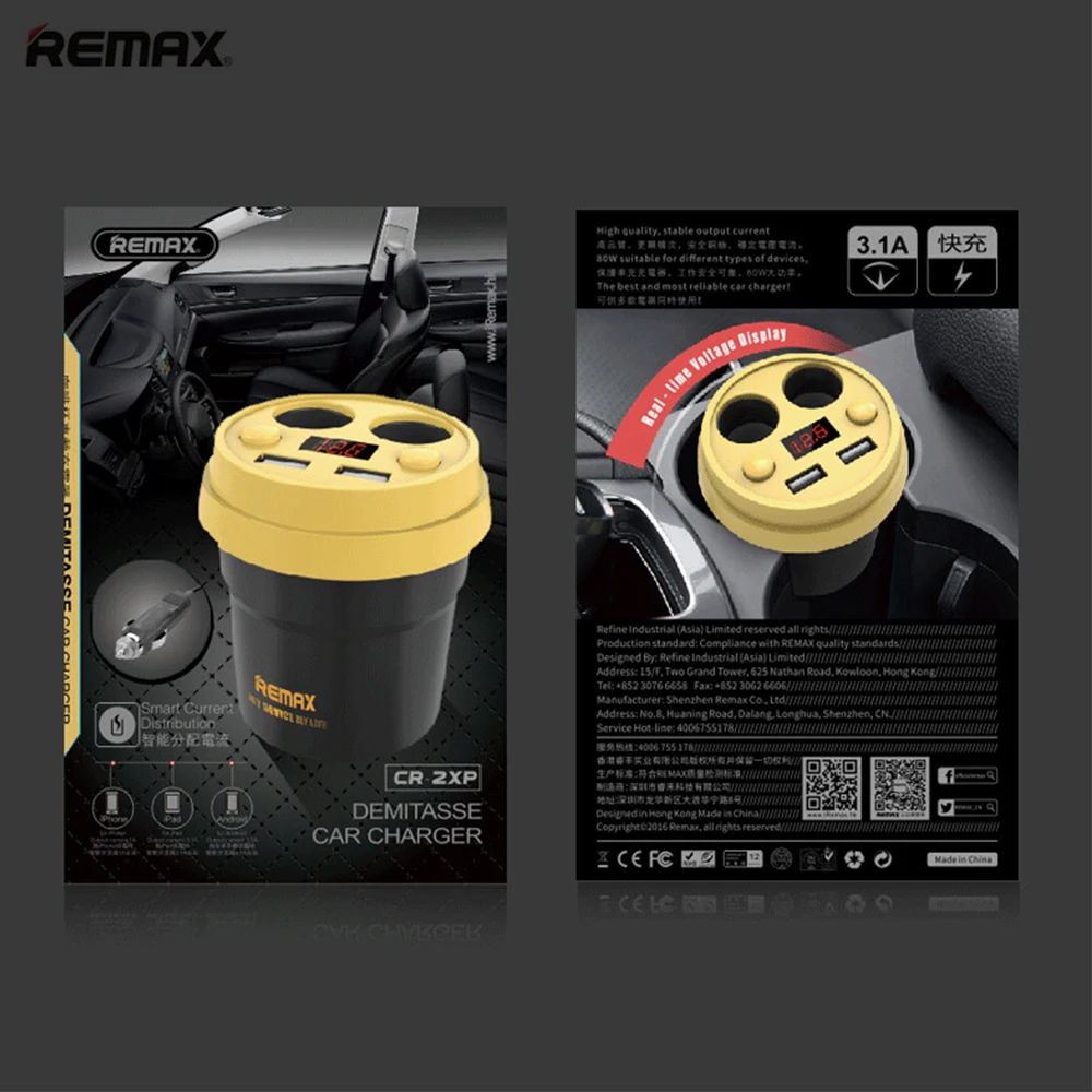 Автомобильное зарядное устройство Remax с двумя USB-портами и светодиодным дисплеем