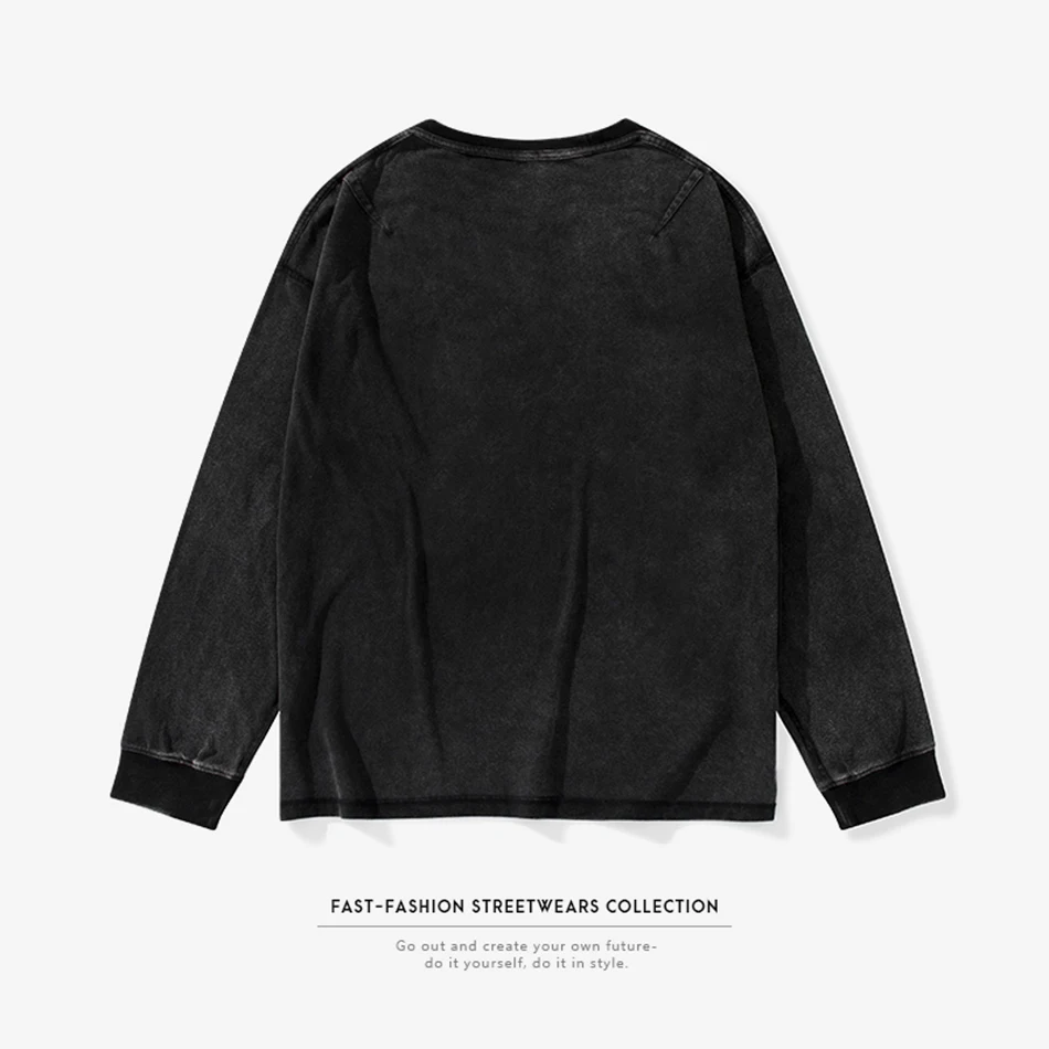 Fashion Mens T Shirt Retro Wash Oversize Anti-turner Double-faced Loose T-shirts Round Neck Black Long Sleeve Solid Casual Tee