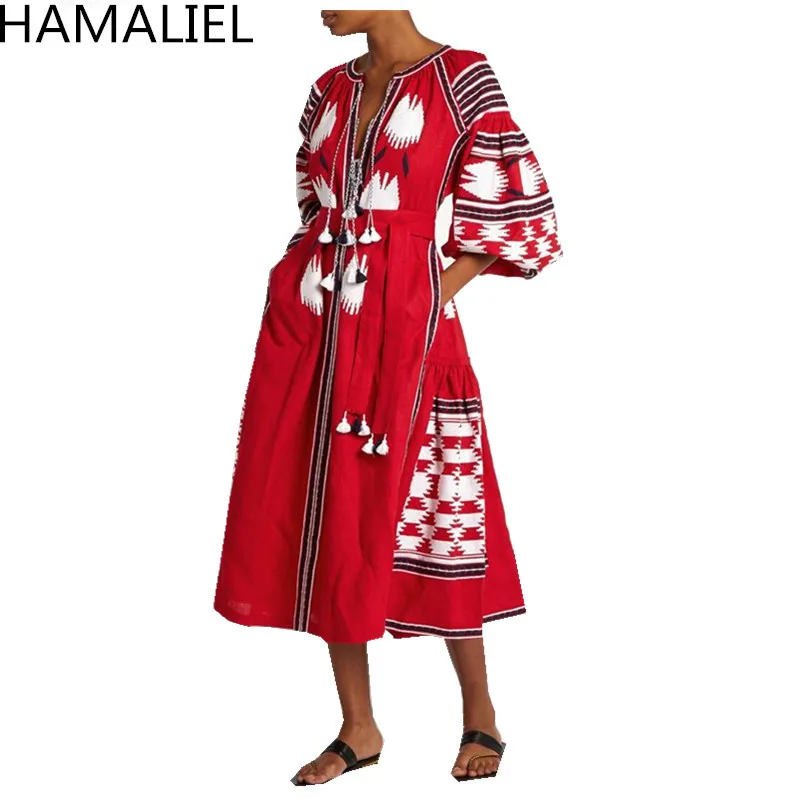 HAMALIEL летнее женское богемное платье 2018 подиумное вышитое хлопковое и льняное