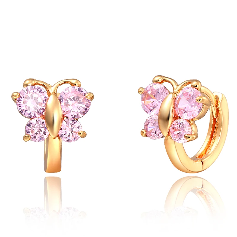 Cute Yellow Gold Color Butterfly Pink Crystals CZ Circle Huggies Small Hoop Earrings For Kids Children Girls Jewelry Aros Aretes|small hoop