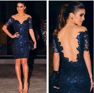 2015 summer Women sexy backless lace flowers stitching dark blue dress cocktail hollow out vestido de renda party |