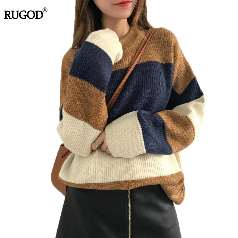 RUGOD 2018 Fashion Loose Christmas Sweater O-neck Striped Oversize Women Long Sleeve Casual Thick Knitted | Женская одежда