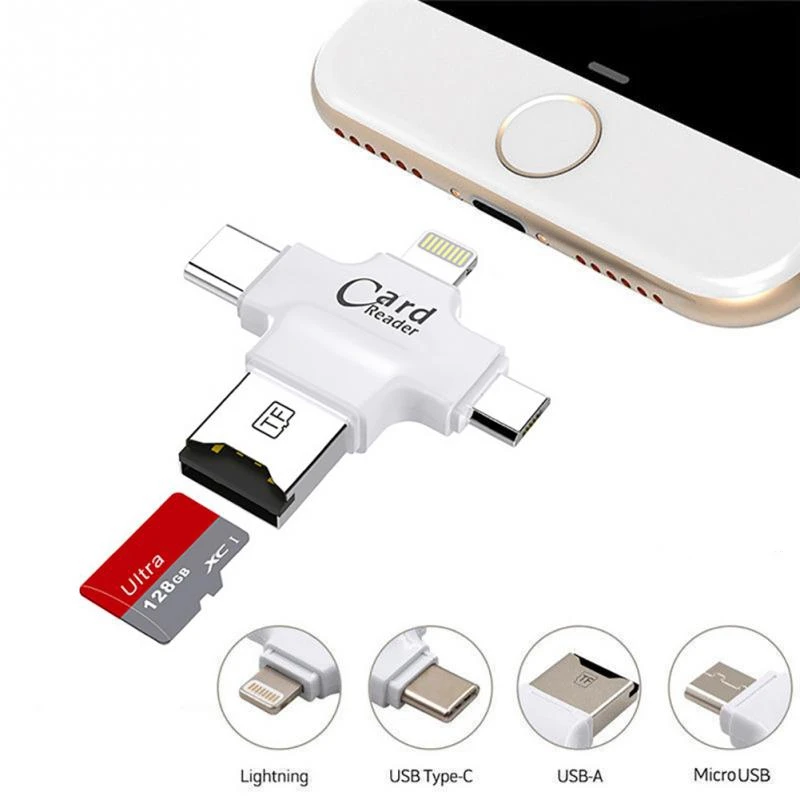 Kismo 4 in 1 Memory Card Reader Micro SD Card Reader Type-C/Lightning/Micro USB OTG Card Reader for iphone 7 8 Samsung S8 S9