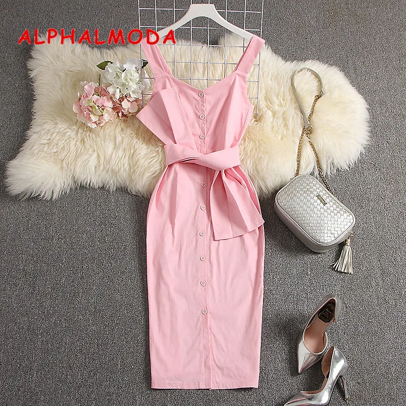 Женское Хлопковое платье ALPHALMODA без рукавов с бантом и поясом однобортное