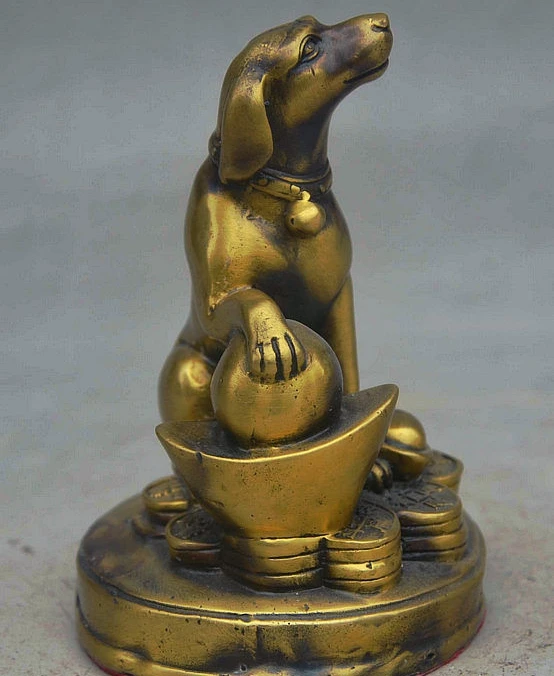 WBY China FengShui Bronze Copper Zodiac Year Dog Wealth Coin YuanBao Animal Statue | Дом и сад