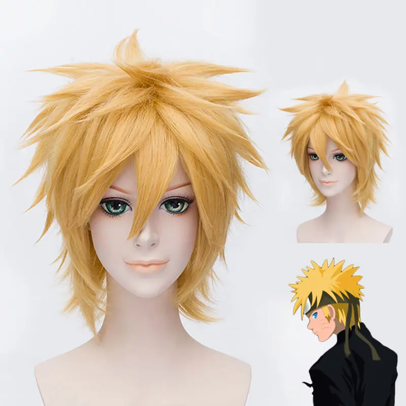 Наруто Узумаки парики Золотой короткий пушистый лохматый слоистых термостойкие синтетические волосы косплей костюм парик+ парик шапка