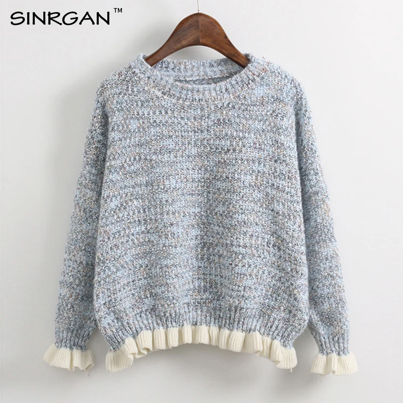 SINRGAN ruffle o-neck winter knitted sweater Women long sleeve casual pullover female Soft warm autumn jumper clothes | Женская одежда