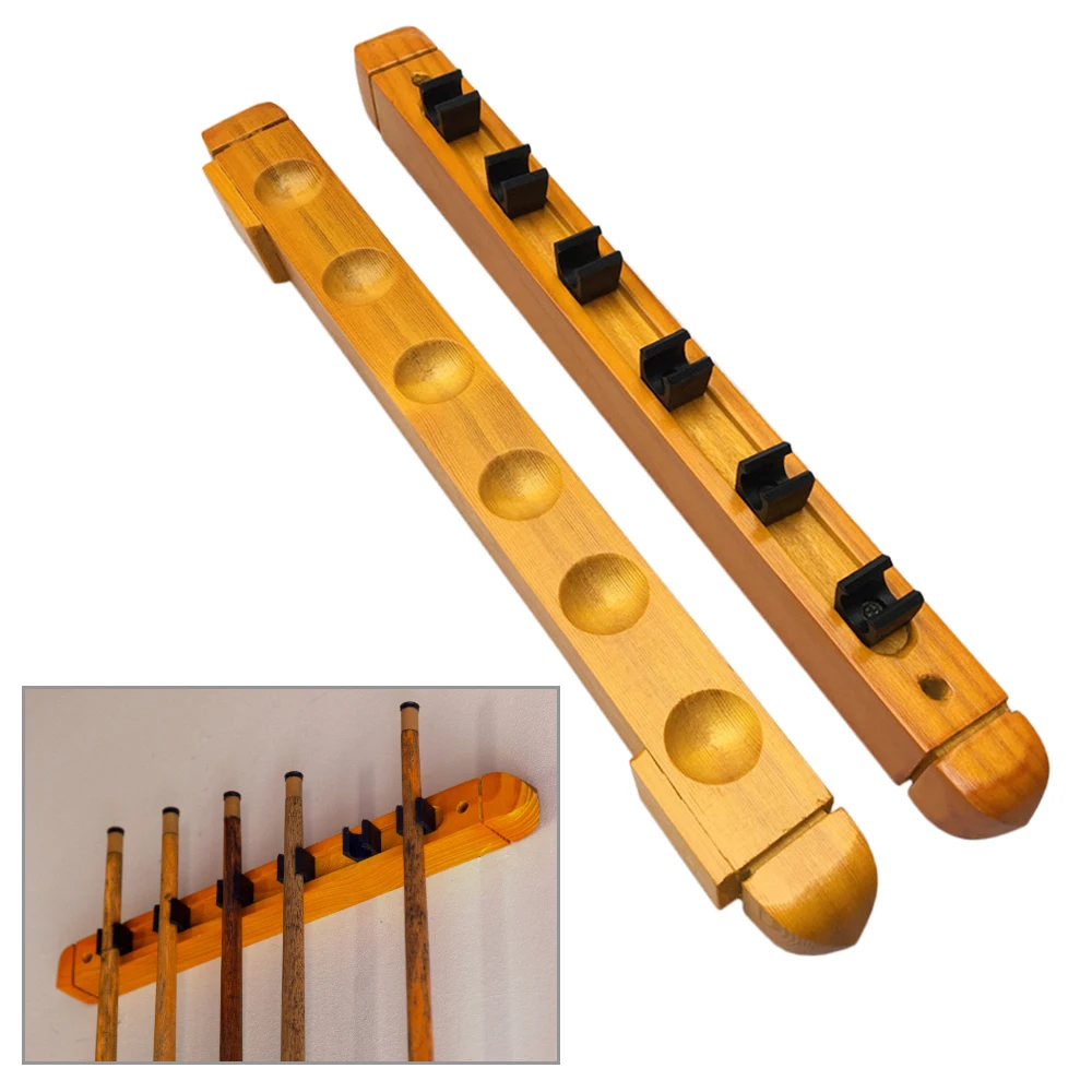 6-Cue Wall Mount Wood Cue Rack Billiard Hardwood Sticks Holder with Pool Clips | Спорт и развлечения