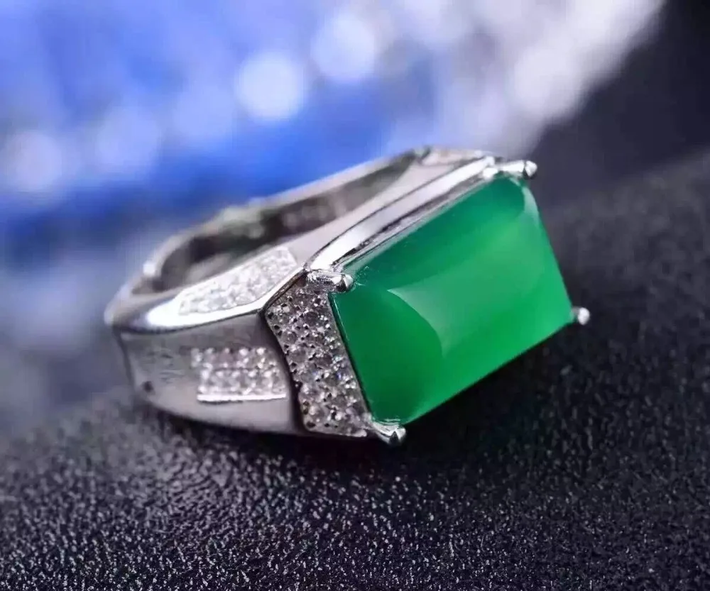 

Men Ring Chalcedony ring 925 sterling silver Natural real chalcedony Fine green gem jewelry For men Gem 10*14mm