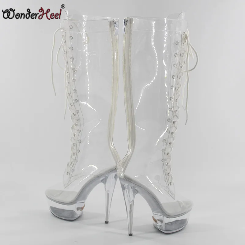 Женские сапоги до колена Wonderheel ПВХ обувь на очень высоком каблуке платформе со