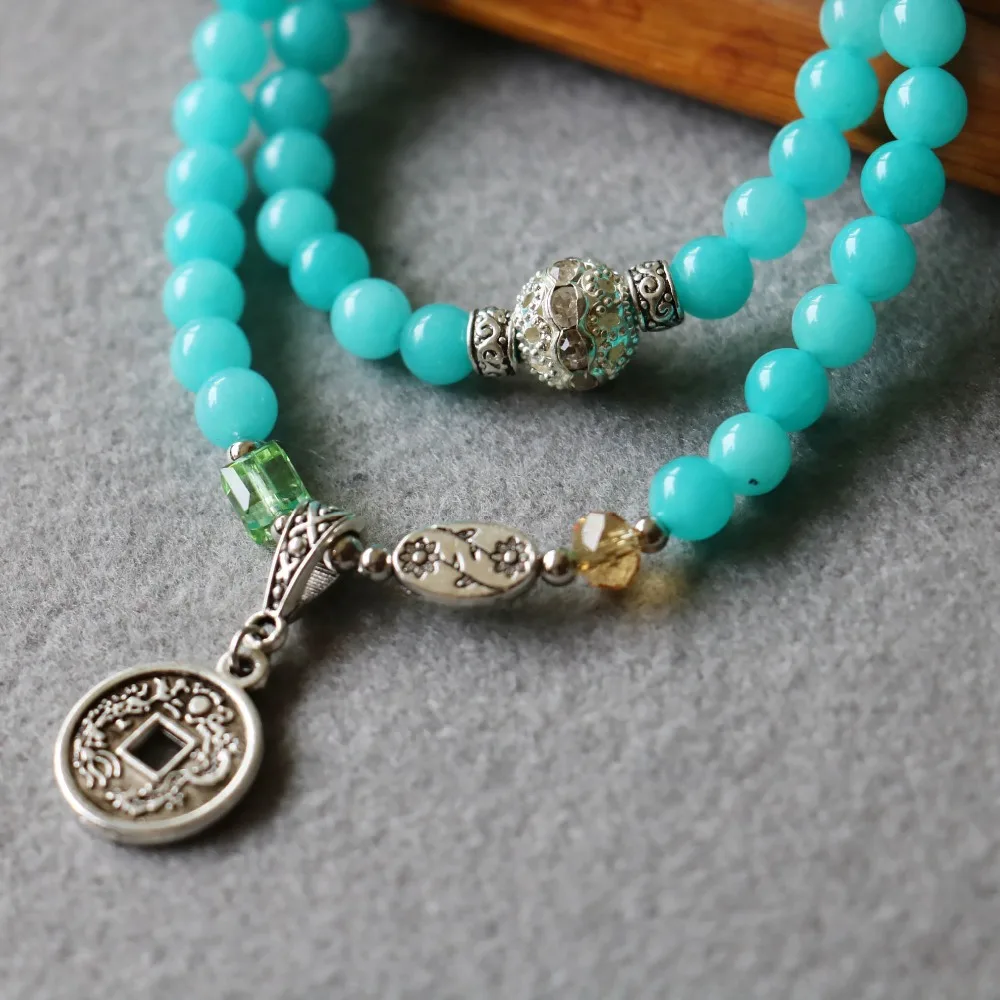 Новые 6 мм синие камни халцедона браслет ретро сплав медные монеты кулон женский