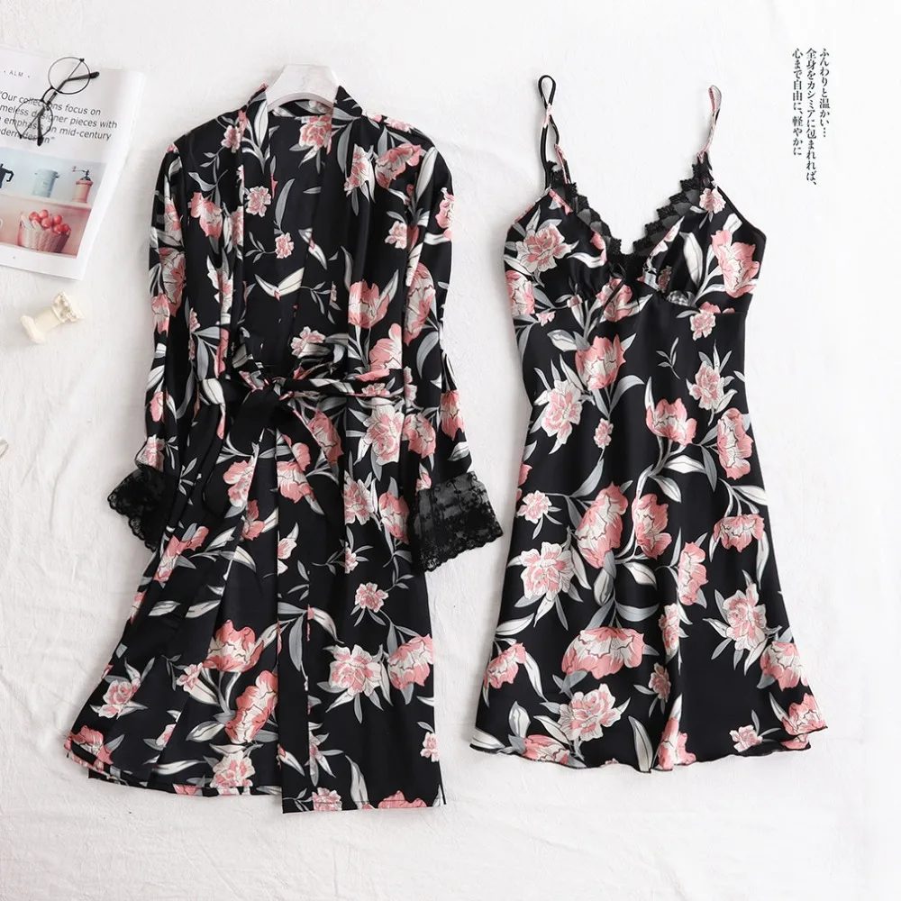 Женское шелковое сатиновое платье пижамный комплект из 2 предметов ночная