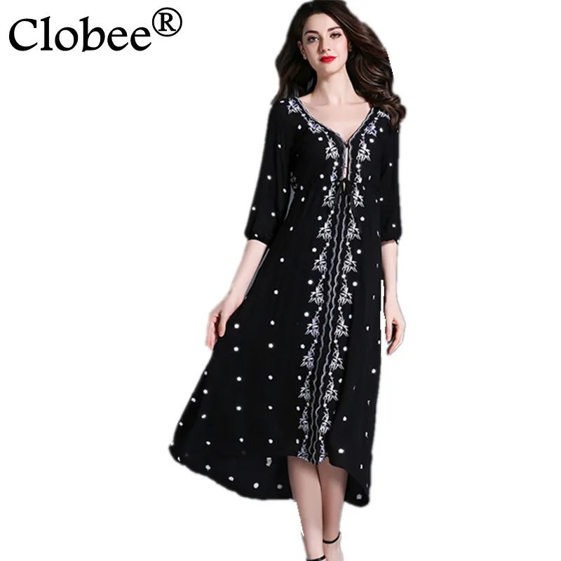 Женское платье с вышивкой Clobee длинное винтажное в стиле бохо треугольным вырезом