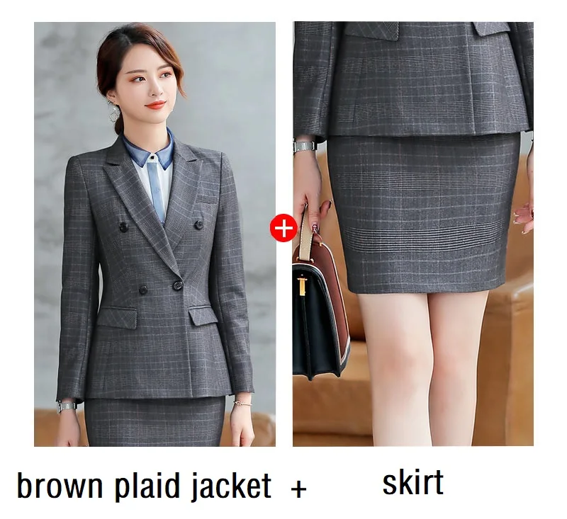 brown jacket skirt Женские костюмы, тонкий пиджак в клетку с длинным рукавом и брюки, 2 предмета в комплекте, OL, официальные женские брюки, костюмы для женщин, костюмы 866 - Цвет: brown jacket skirt