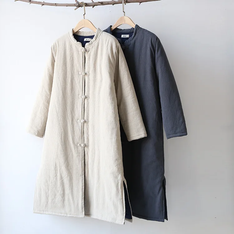 2018 women Winter long outwear chinese style vintage Coat thicken stand collar plate button cotton-padded jackets linen overcoat | Женская